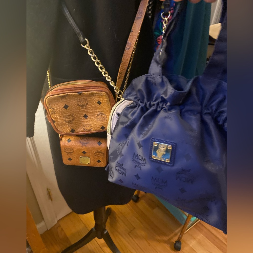 MCM navy jacquard cinch evening bag